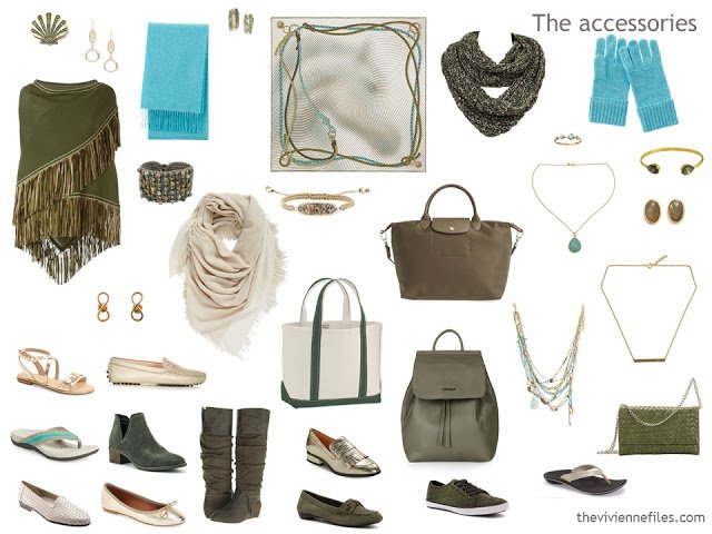 accessory capsule wardrobe in olive, beige and gold