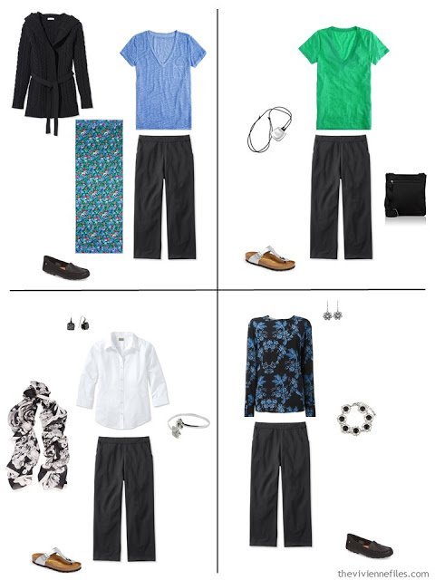 A travel capsule wardrobe in black, blue, and green, inspired by art: Femme au Col Blanc