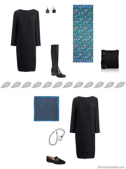 2 outfits from a travel capsule, including a black dress