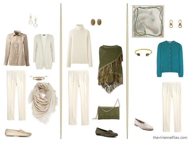 three new capsule wardrobe outfits including ivory wool trousers