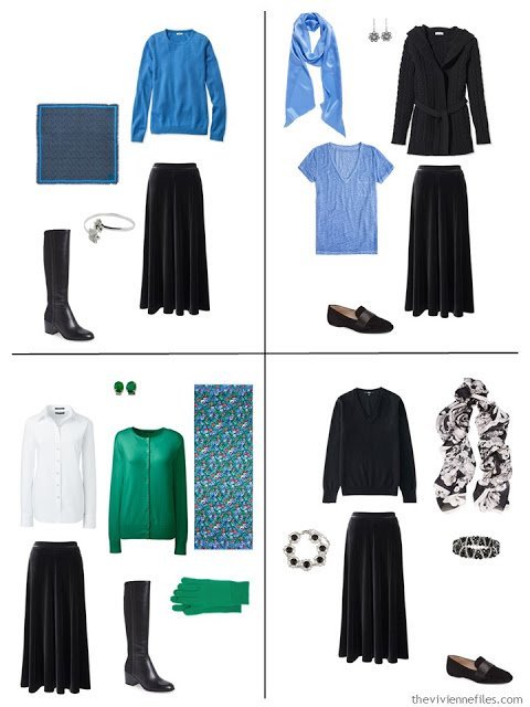 A travel capsule wardrobe in black, blue, and green, inspired by art: Femme au Col Blanc