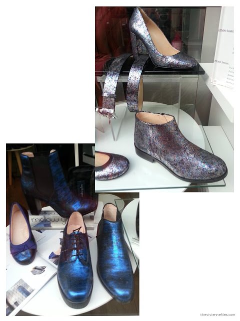 Metallic boots, flats and pumps in the shop windows of Paris