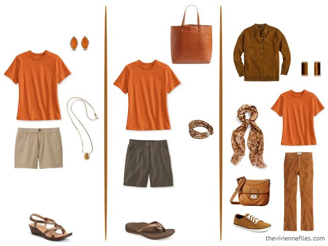 three capsule wardrobe outfits with an orange tee shirt