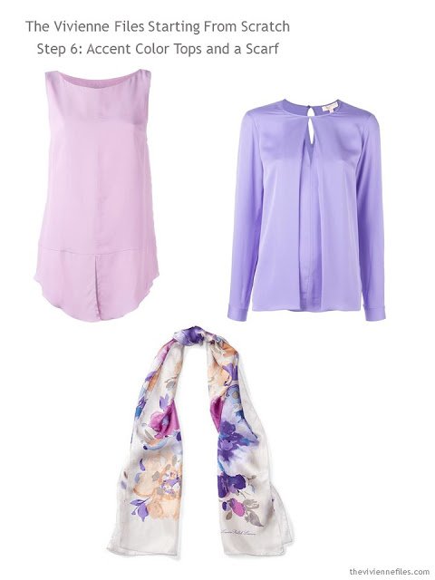 Accent color tops and a scarf in pink and purple for a capsule wardrobe