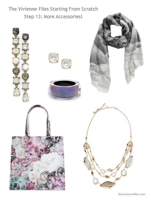 jewelry, a scarf, and a bag to add to a grey-based capsule wardrobe