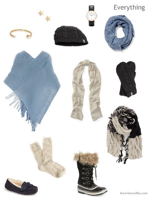 Accessory capsule wardrobe in black beige and denim blue