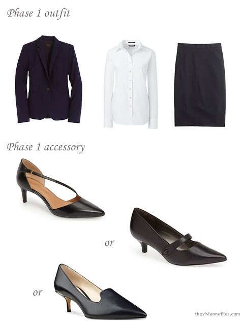 How to add black kitten heel pumps to a business capsule wardrobe