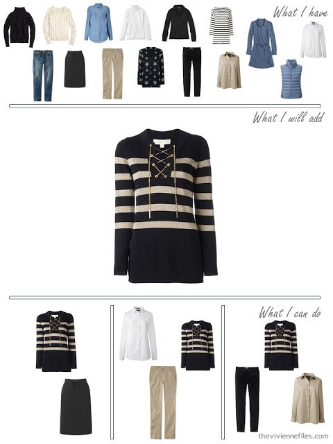 How to Expand a Travel Capsule Wardrobe in a blue, white, black, and beige color palette