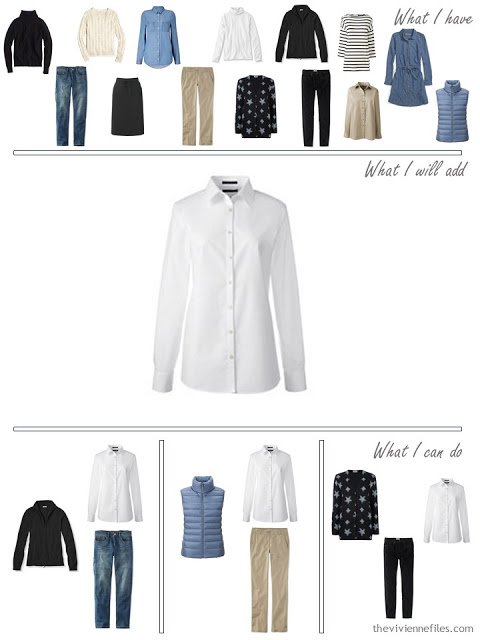 How to Expand a Travel Capsule Wardrobe in a blue, white, black, and beige color palette