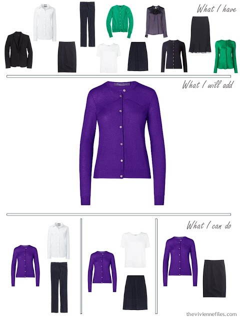 How to add a purple cashmere cardigan to a business capsule wardrobe
