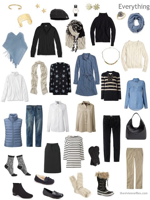 a "4 by 4" Travel Capsule Wardrobe in black, khaki, denim and white, with accessories