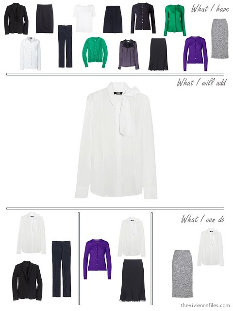 How to add a white bowed blouse to a business capsule wardrobe