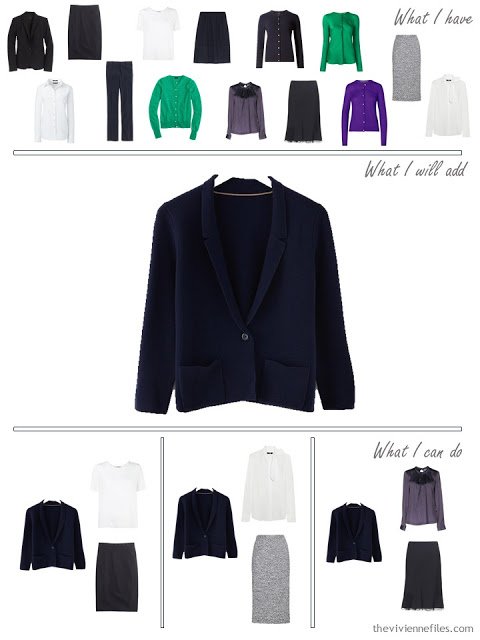 How to add a navy knit jacket to a business capsule wardrobe