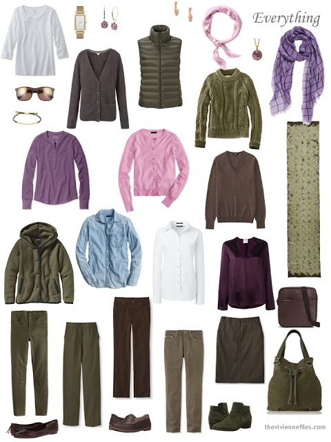 a sixteen-piece capsule wardrobe in olive and brown, with accents of purple and pink