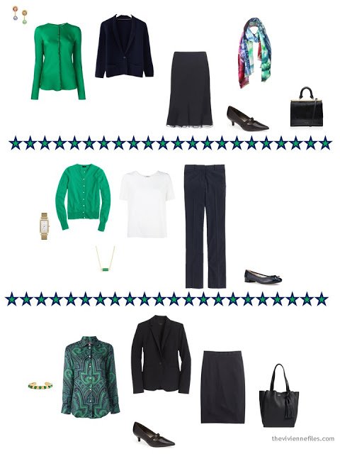 Three outfits from a business capsule wardrobe, emphasizing the accent color emerald