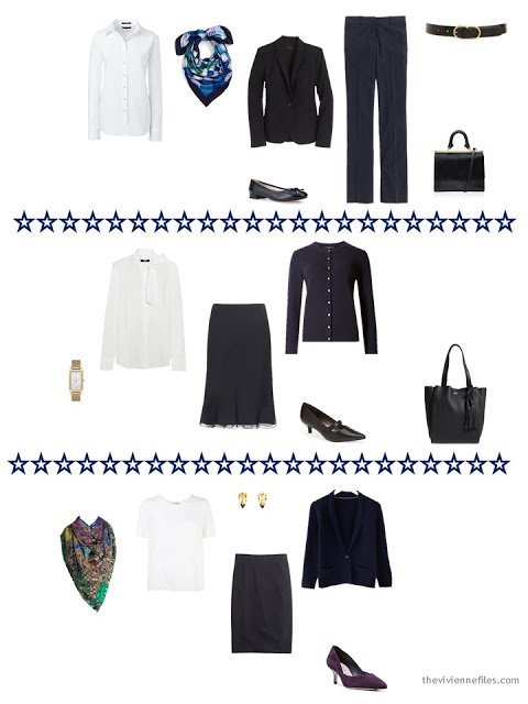 Three navy and white outfits from a business capsule wardrobe