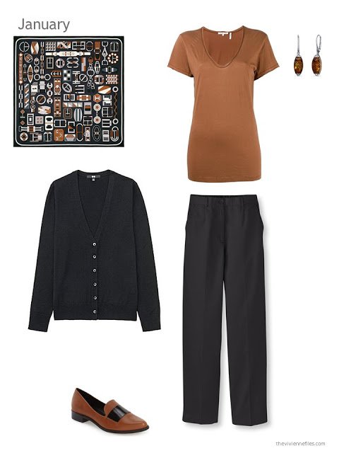 The first outfit in a capsule wardrobe in black and brown