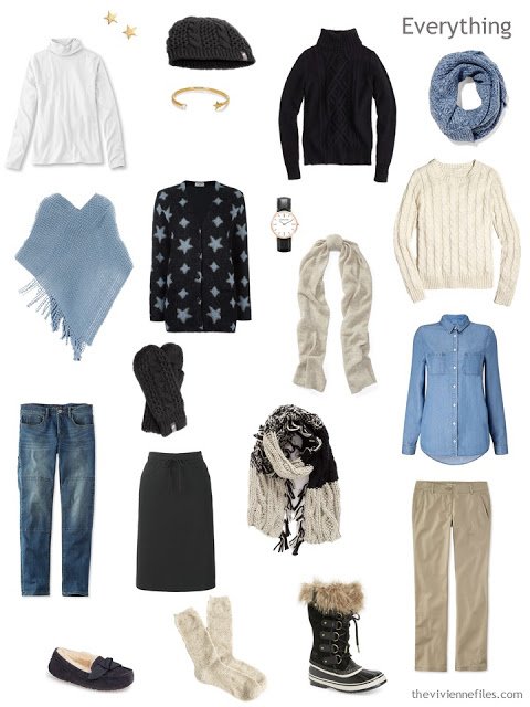 How to Expand a Travel Capsule Wardrobe in a blue, white, black, and beige color palette