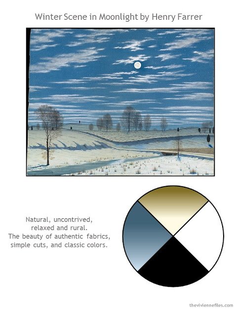 Winter Scene in Moonlight by Henry Farrer, with style guidelines and color palette