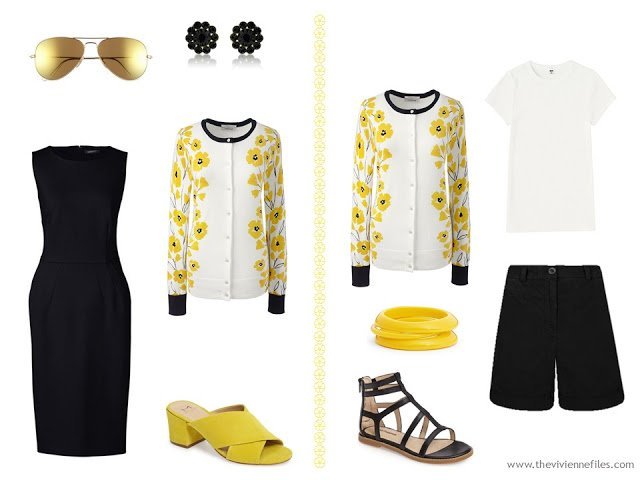black dress with yellow floral cardigan, shorts and a tee shirt with a floral cardigan