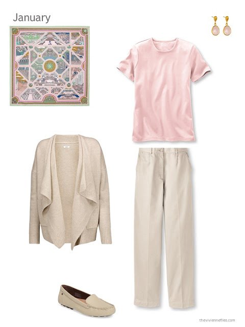 The first outfit in a capsule wardrobe in beige and pastels