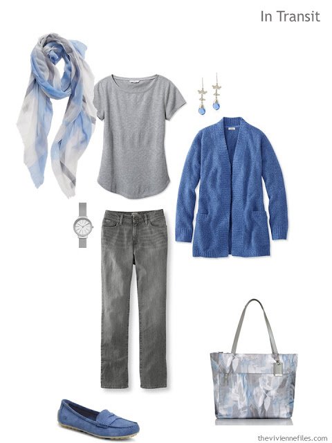 blue and grey travel outfit