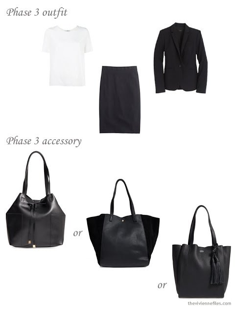 How to add a black tote bag to a business capsule wardrobe