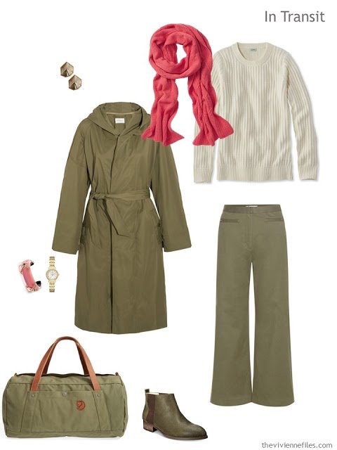 travel outfit in olive and ivory with coral accents