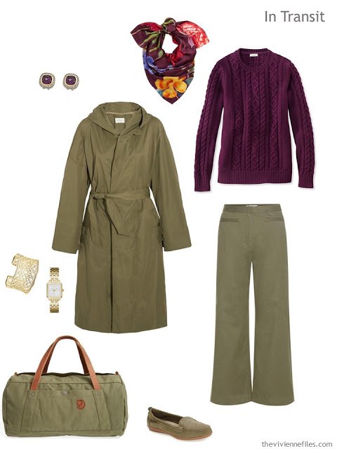 A travel capsule wardrobe in an olive, gold, and purple color palette