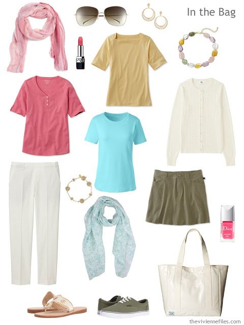 warm weather travel capsule wardrobe in ivory, olive, coral, blue and gold