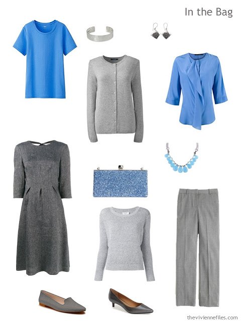 A travel capsule wardrobe in a blue a grey color pallet for a weekend business trip