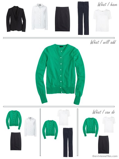 How to add an emerald green cardigan to a business capsule wardrobe