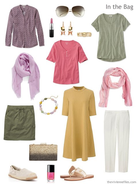 A travel capsule wardrobe in an olive, gold, and purple color palette