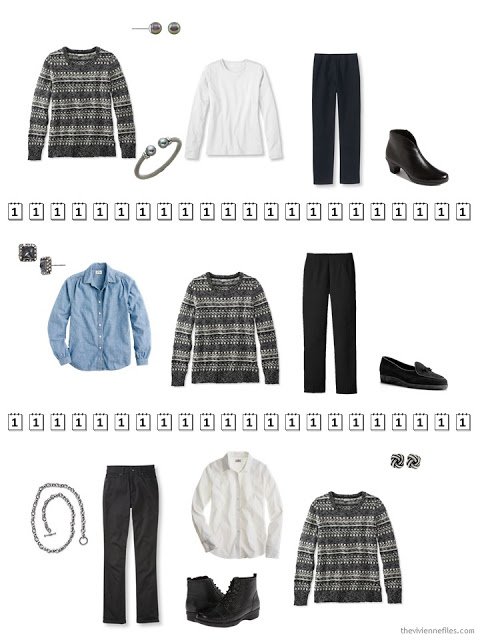 three outfits that include a black and white Fair Isle sweater