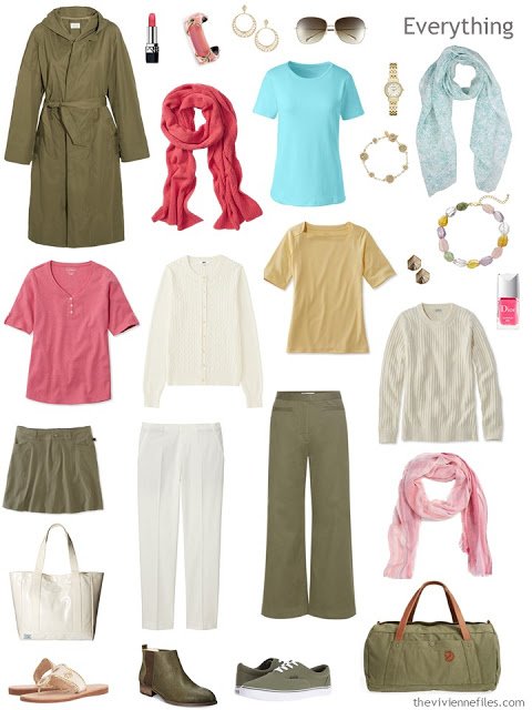 warm weather travel capsule wardrobe in ivory, olive, coral, blue and gold