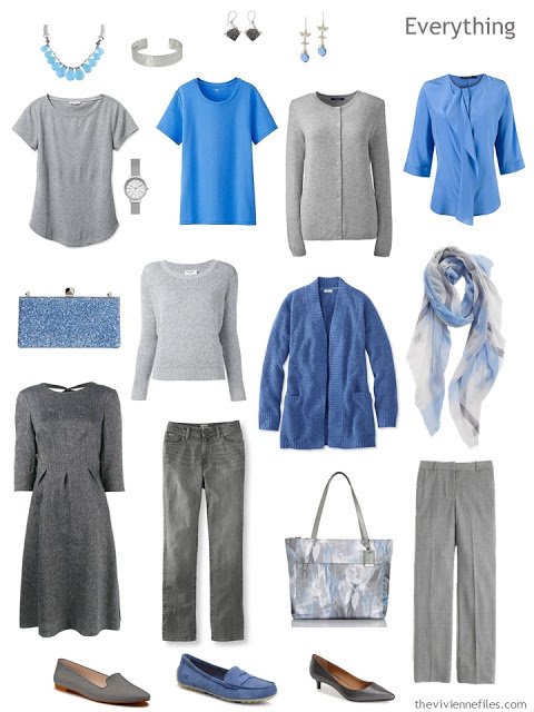 A travel capsule wardrobe in a blue a grey color pallet for a weekend business trip