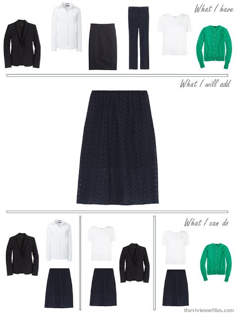 How to add a navy broderie anglaise skirt to a business capsule wardrobe