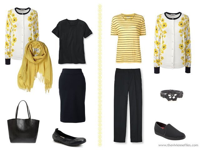 yellow floral dandelion cardigan with a tee shirt and skirt, and with a striped tee and black pants