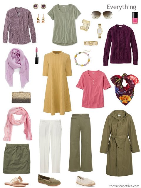 A travel capsule wardrobe in an olive, gold, and purple color palette