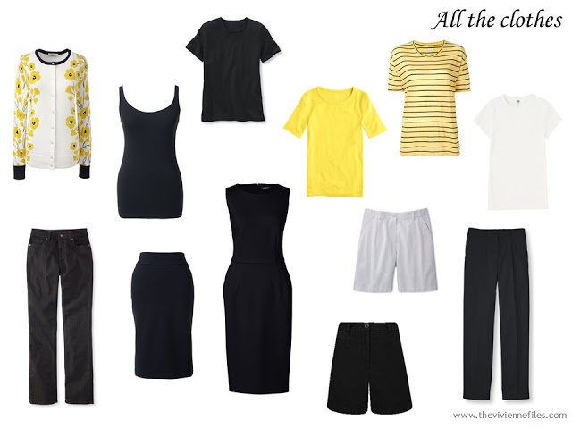 12 piece travel capsule wardrobe in black, white and yellow, to work with a yellow floral cardigan