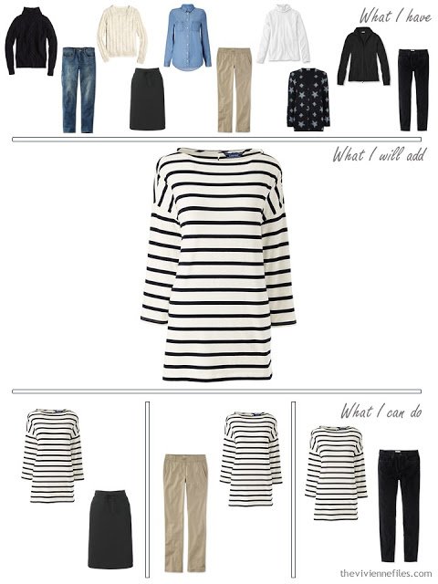 How to Expand a Travel Capsule Wardrobe in a blue, white, black, and beige color palette