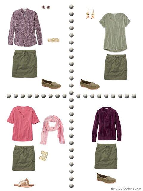 A travel capsule wardrobe in an olive, gold, and purple color palette