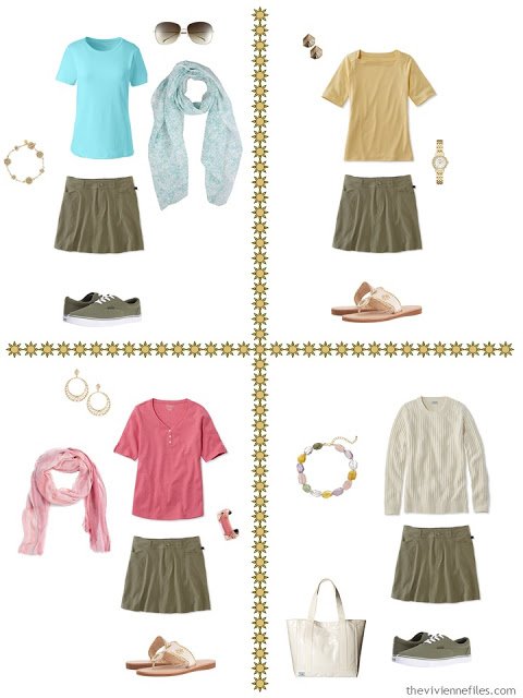 four travel capsule wardrobe outfits including an olive green skort