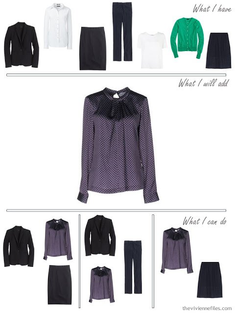 How to add a purple foulard print silk blouse to a business capsule wardrobe
