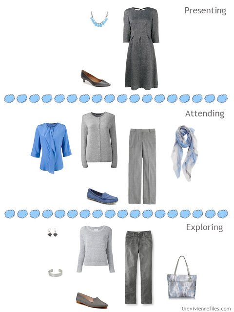A travel capsule wardrobe in a blue a grey color pallet for a weekend business trip