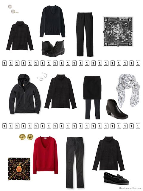 three outfits that include a black dotted cotton turtleneck