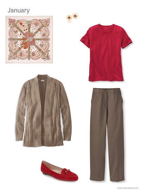 The first outfit in a capsule wardrobe in red and brown