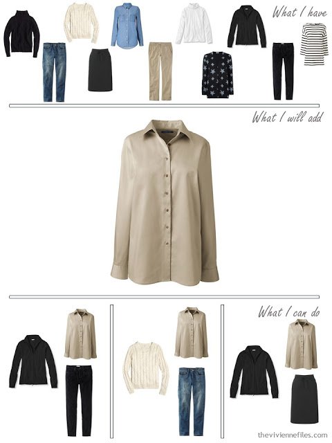 How to Expand a Travel Capsule Wardrobe in a blue, white, black, and beige color palette