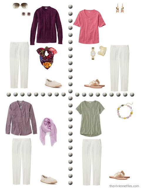 A travel capsule wardrobe in an olive, gold, and purple color palette