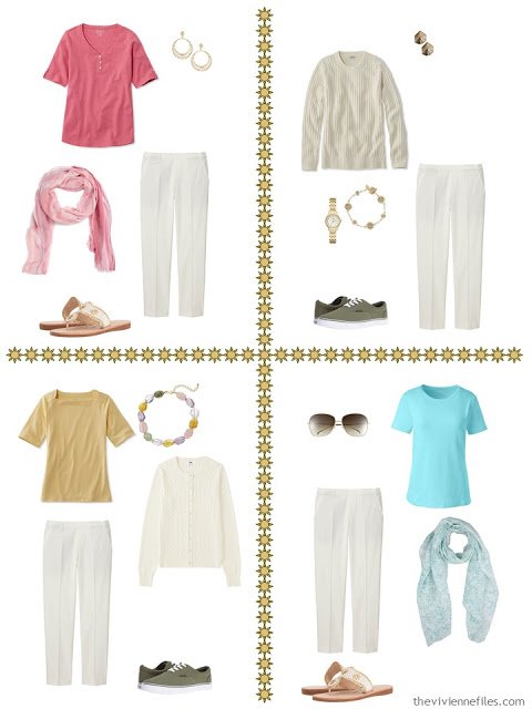 four travel capsule wardrobe outfits including ivory cropped pants